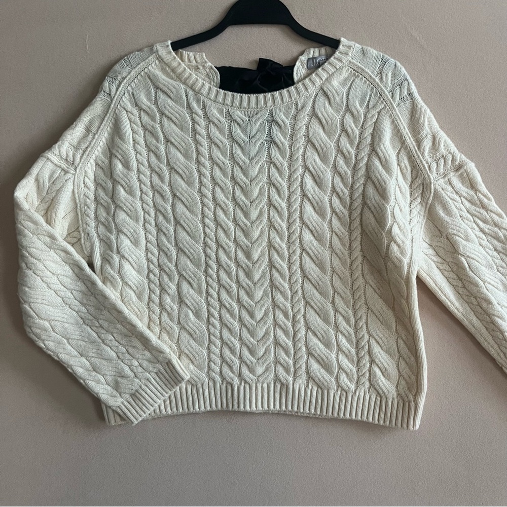 JCrew Women’s Satin Tie-back cable-knit sweater cream‎ size XS lambswool blend